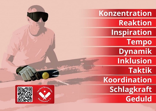 Tischballspieler mit Sichtschutzbrille daneben steht Konzentration, Reaktion, Inspiration, Tempo, Dynamik, Inklusion, Taktik Koordination Schlagkraft